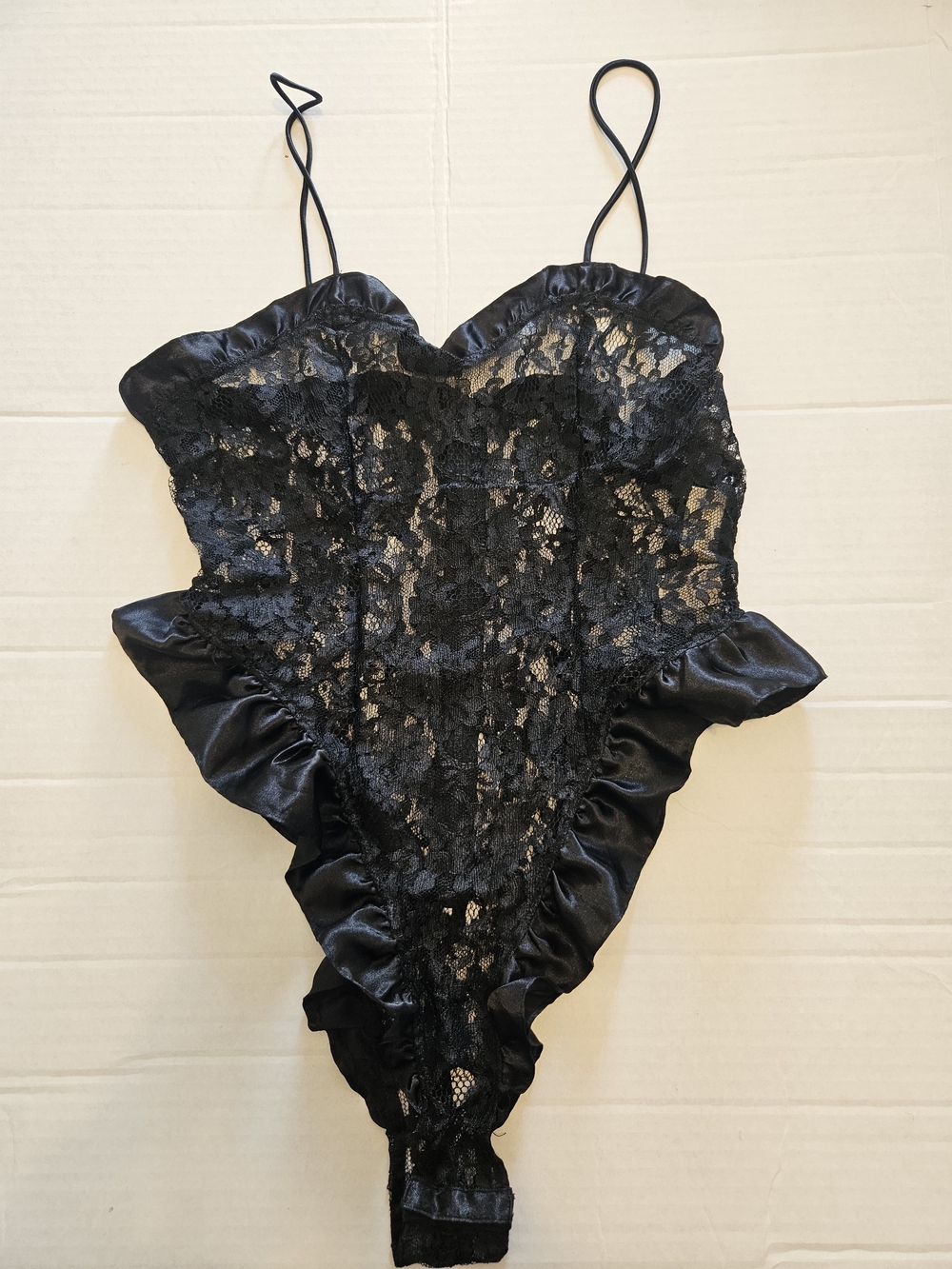 Vintage Victoria’s Secret Gold Label Black Lace Ruffle Teddy Bodysuit S